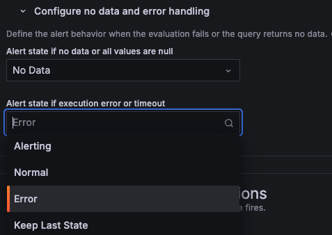 A screenshot of the `Configure error handling` option in Grafana Alerting.