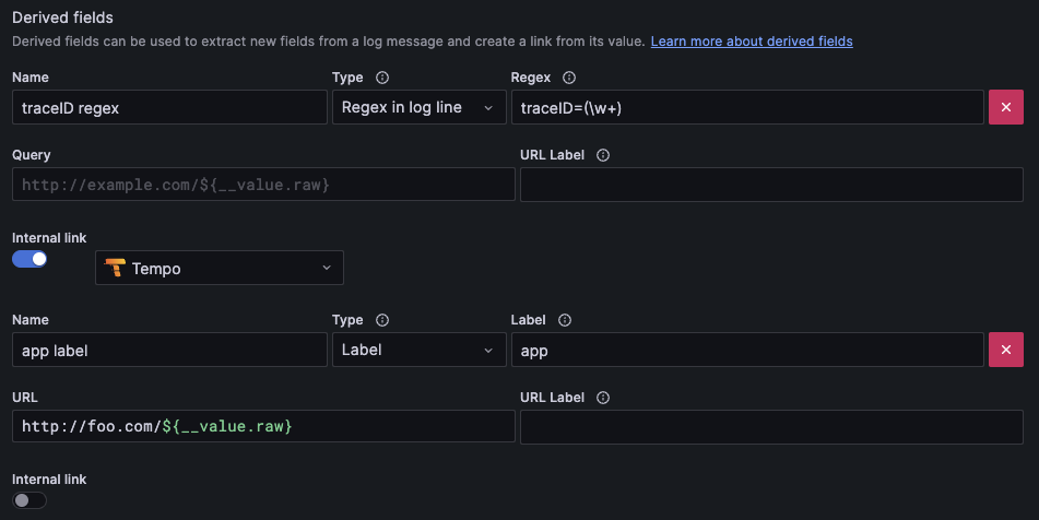 Derived fields added based on a regular expression and an app label