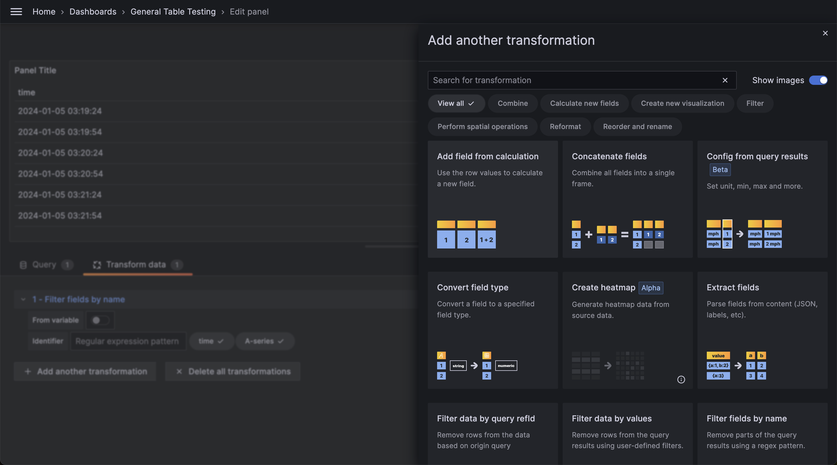 The new Transformation UI drawer Transformation UI drawer