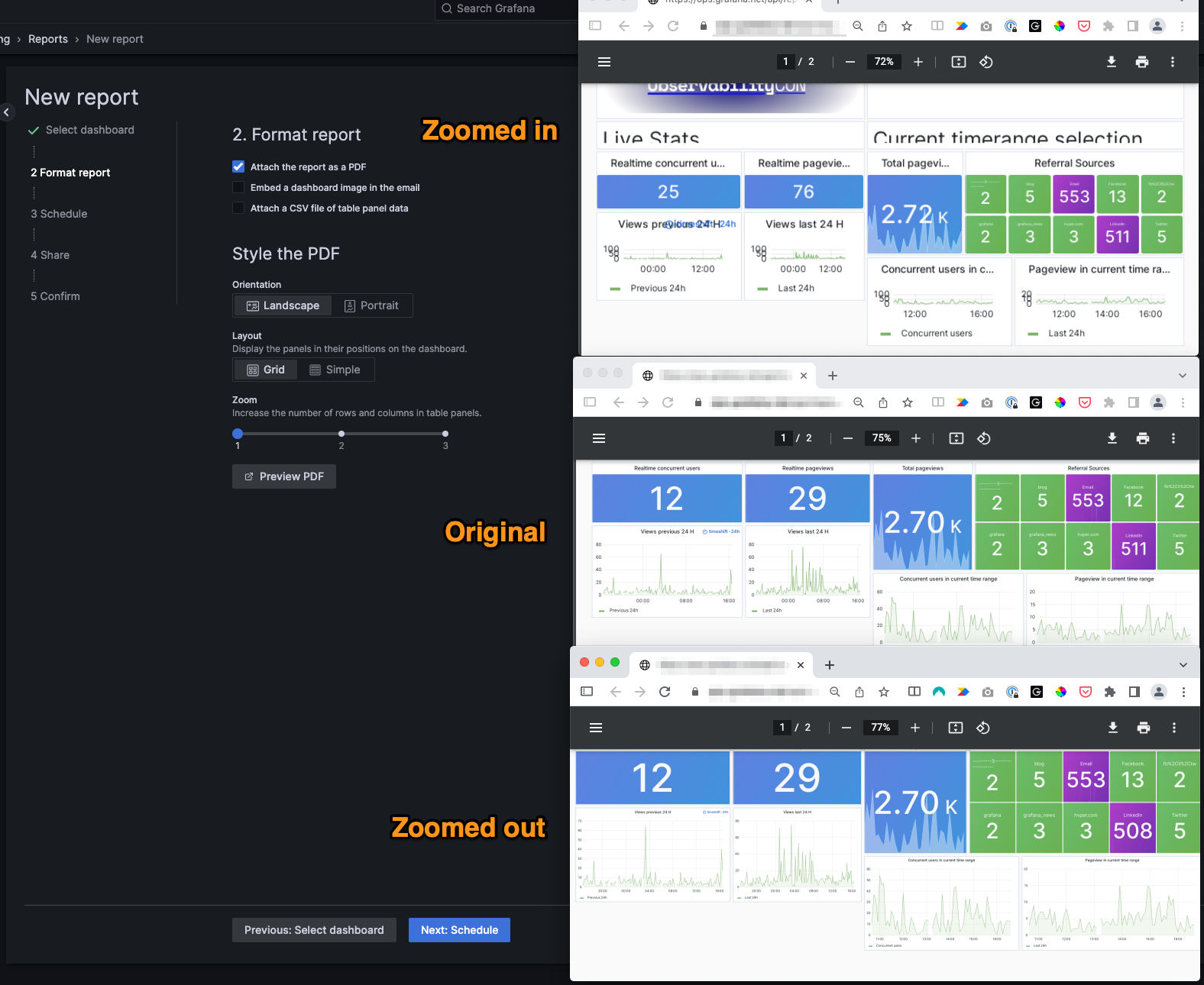 Report zoom feature with PDF documents at three different zoom levels Report zoom feature with PDF documents at three different zoom levels